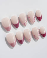 Glow Garden press-on nails in extra short almond shape — Magenta Cat Eye, French Tips & Hand-painted Florals.