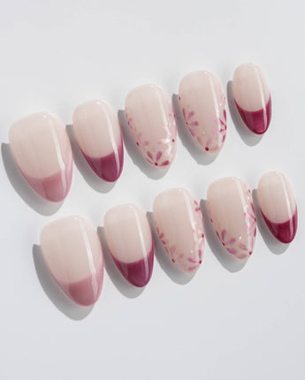 Glow Garden press-on nails in extra short almond shape — Magenta Cat Eye, French Tips & Hand-painted Florals.