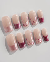 Glow Garden press-on nails in medium square shape — Magenta Cat Eye, French Tips & Hand-painted Florals.