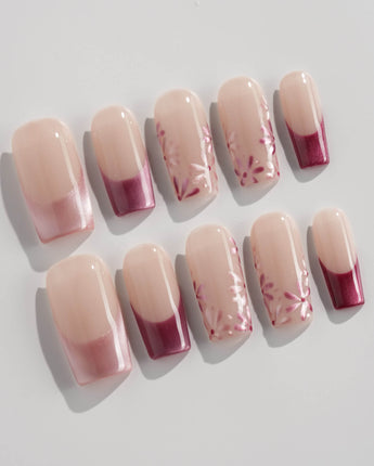 Glow Garden press-on nails in medium square shape — Magenta Cat Eye, French Tips & Hand-painted Florals.