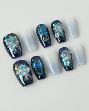 Glow Jellyfish Nails short coffin nails with creative aquatic jellyfish art