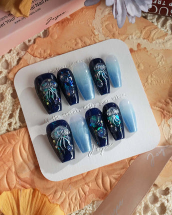 Glow Jellyfish Nails medium coffin press-ons with ethereal jellyfish design