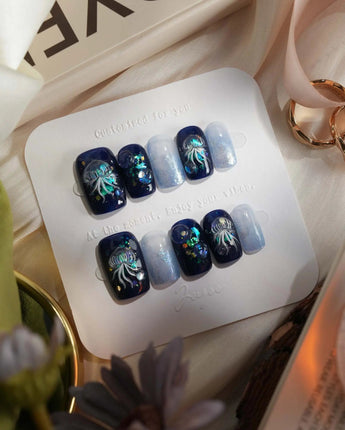 Glow Jellyfish Nails short square press-ons with luminous jellyfish-inspired nail art