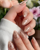 Glow Petals press-on nails — Gentle Nude Pink, Rose Gold Flowers & Gold Flakes. handmade nail art by Joyee Nails
