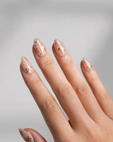 Glow Petals press-on nail set — Gentle Nude Pink, Rose Gold Flowers & Gold Flakes. design, hand-painted with real gel polish