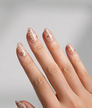 Glow Petals press-on nail set — Gentle Nude Pink, Rose Gold Flowers & Gold Flakes. design, hand-painted with real gel polish