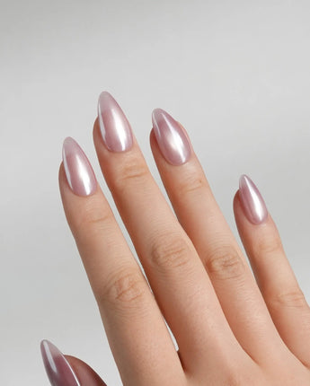 Glow Pop glossy short almond nails with pearly pink chrome and soft summer shine