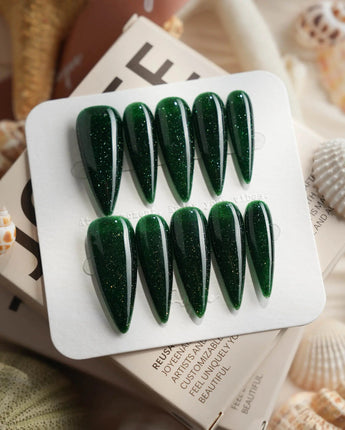 Glowing Forest Long Stiletto press on nails, handmade custom nails by Joyeenails