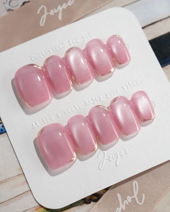 Glowing Stone - New Edition press-on nails in extra short square shape — Gentle Rose Cat Eye, Simple Silver Outlines.