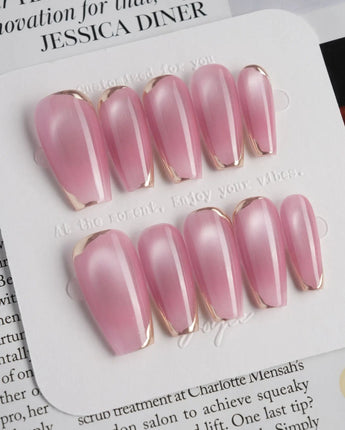 Glowing Stone - New Edition press-on nails in medium coffin shape — Gentle Rose Cat Eye, Simple Silver Outlines.