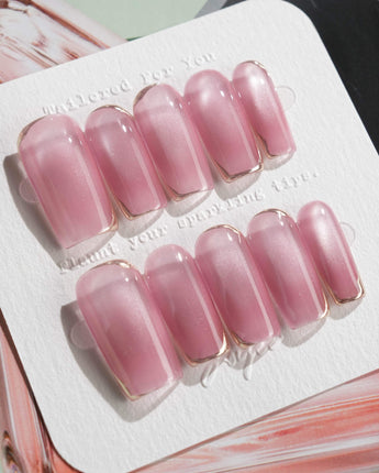 Glowing Stone - New Edition press-on nails in medium square shape — Gentle Rose Cat Eye, Simple Silver Outlines.