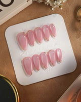 Glowing Stone - New Edition press-on nails in short almond shape — Gentle Rose Cat Eye, Simple Silver Outlines.