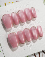 Glowing Stone - New Edition press-on nails in short coffin shape — Gentle Rose Cat Eye, Simple Silver Outlines.