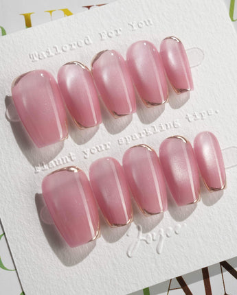 Glowing Stone - New Edition press-on nails in short coffin shape — Gentle Rose Cat Eye, Simple Silver Outlines.