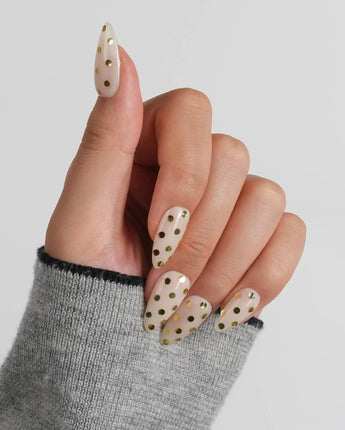 Golden Dot custom-size nails with hand-applied gold chrome dots and wearable nude base