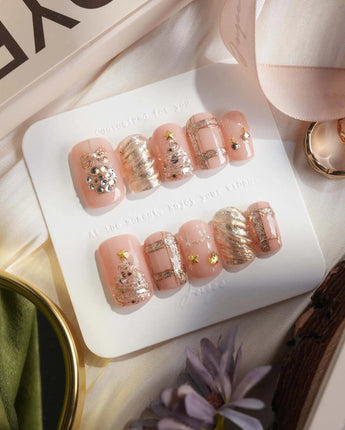 Golden Gift nails in short square — Luxury Champagne Gold Christmas,