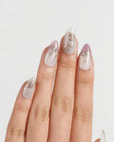 Golden Hour press-on nails in short almond shape — Romantic Dusty Pink Gradient, 3D Metallic Roses & Silver Ribbon.