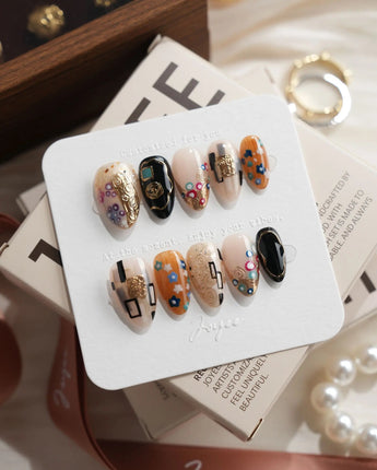 Golden Kiss Extra Short Almond press on nails, handmade custom nails by Joyeenails