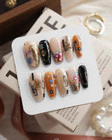 Golden Kiss Medium Coffin press on nails, handmade custom nails by Joyeenails