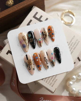 Golden Kiss Medium Stiletto press on nails, handmade custom nails by Joyeenails