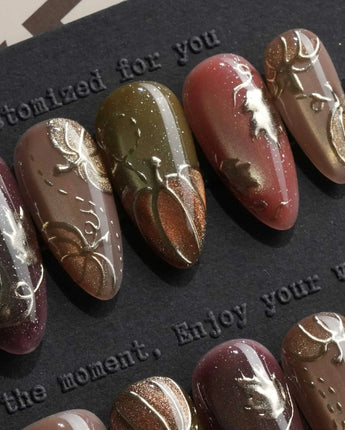 Golden Pumpkin Short Almond with brown Luxury non-3d cat eye nails handmade press-on nails - image 2