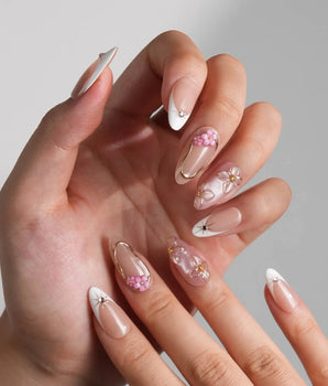 Golden Tide handmade press-on nails featuring Nude White French, 3D Pink & Gold Florals.