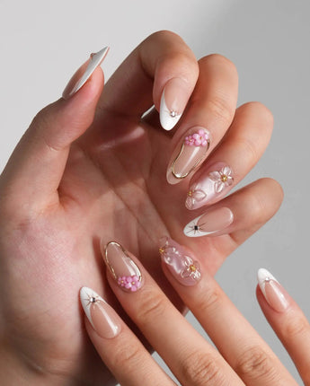 Golden Tide handmade press-on nails featuring Nude White French, 3D Pink & Gold Florals.