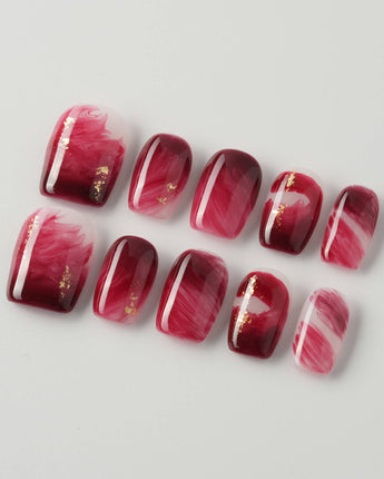 Gone with the Wind extra short square press-on nails with burgundy marble and gold foil