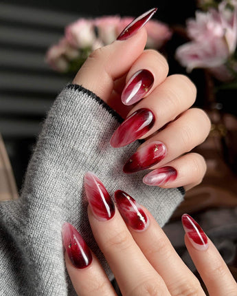 Gone with the Wind press-on nail set — Marbled Burgundy, Gold Foil Accents. design, hand-painted with real gel polish