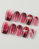 Gone with the Wind short coffin press-on nails with marbled burgundy and gold foil accents