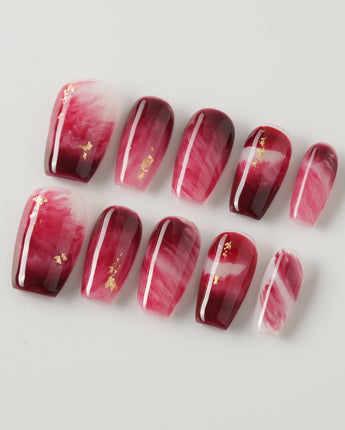 Gone with the Wind short coffin press-on nails with marbled burgundy and gold foil accents