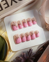 Gorg Bow nails in extra short square — Sweet Barbie Pink, Golden