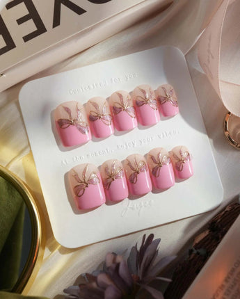 Gorg Bow nails in extra short square — Sweet Barbie Pink, Golden