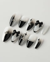 Gorgeous Gown press-on nail set — black white gradient rhinestone bow y2k nails design, hand-painted with real gel polish