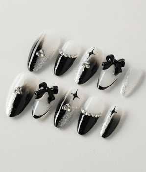 Gorgeous Gown press-on nail set — black white gradient rhinestone bow y2k nails design, hand-painted with real gel polish
