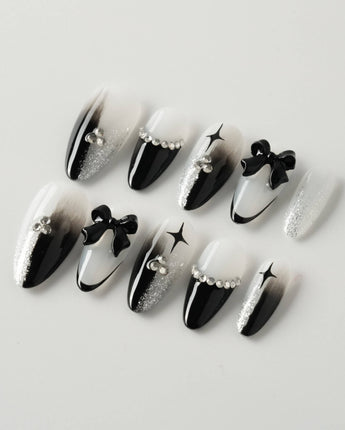 Gorgeous Gown press-on nail set — black white gradient rhinestone bow y2k nails design, hand-painted with real gel polish