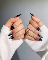 Gorgeous Gown press-on nails — black white gradient rhinestone bow y2k nails handmade nail art by Joyee Nails