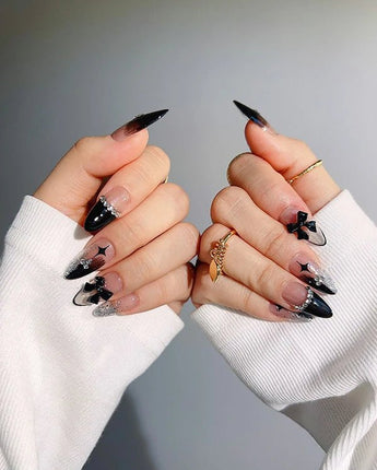 Gorgeous Gown press-on nails — black white gradient rhinestone bow y2k nails handmade nail art by Joyee Nails