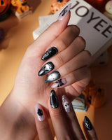 Gothic Dollhouse pink goth press on nails with a black candelabra, silver mirror, crosses, 3D gold roses and a skull on pink and black - image 4