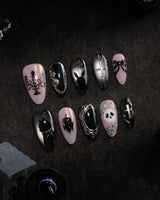Gothic Dollhouse pink goth press on nails with a black candelabra, silver mirror, crosses, 3D gold roses and a skull on pink and black - image 3