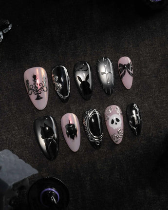Gothic Dollhouse pink goth press on nails with a black candelabra, silver mirror, crosses, 3D gold roses and a skull on pink and black - image 3