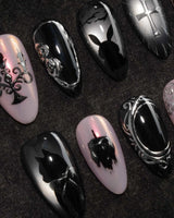 Gothic Dollhouse pink goth press on nails with a black candelabra, silver mirror, crosses, 3D gold roses and a skull on pink and black - image 1