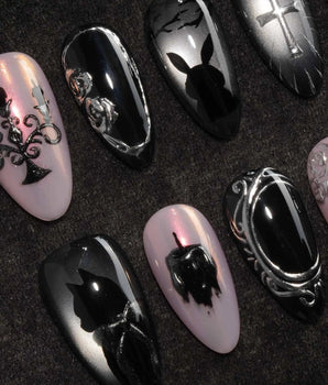 Gothic Dollhouse pink goth press on nails with a black candelabra, silver mirror, crosses, 3D gold roses and a skull on pink and black - image 1