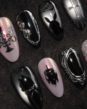 Gothic Dollhouse pink goth press on nails with a black candelabra, silver mirror, crosses, 3D gold roses and a skull on pink and black - image 1