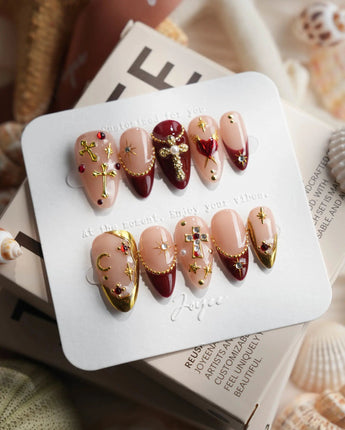 Gothic Red short almond press-on nails with deep red and burgundy fall nail art