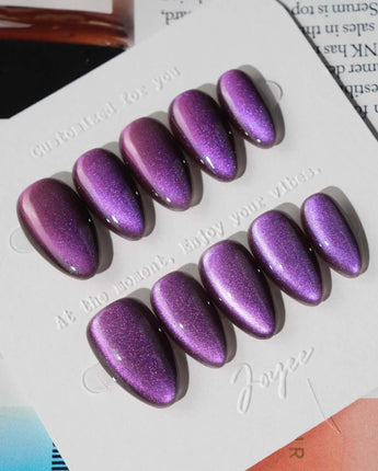 Grape Color Cat-eye press-on nails in extra short almond shape — purple cat eye nails