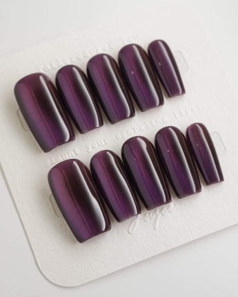 Grape Color Cat-eye press-on nails in medium square shape — purple cat eye nails