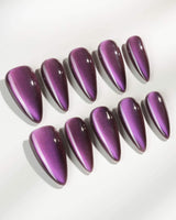 Grape Color Cat-eye press-on nails in medium stiletto shape — purple cat eye nails