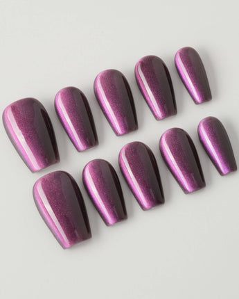 Grape Color Cat-eye press-on nails in short coffin shape — purple cat eye nails