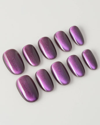 Grape Color Cat-eye press-on nails in short oval shape — purple cat eye nails